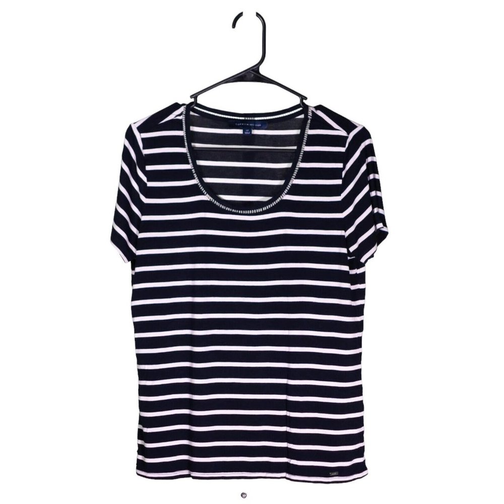 Tommy Hilfiger Women's Blouse Blue White Striped Stretch Preppy T-Shirt Top S